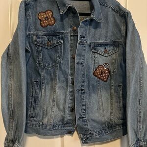 Blue Denim Jacket with Brown Patches